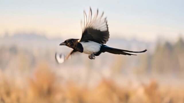 magpie bird flying close up at morning light in western north america woodland video