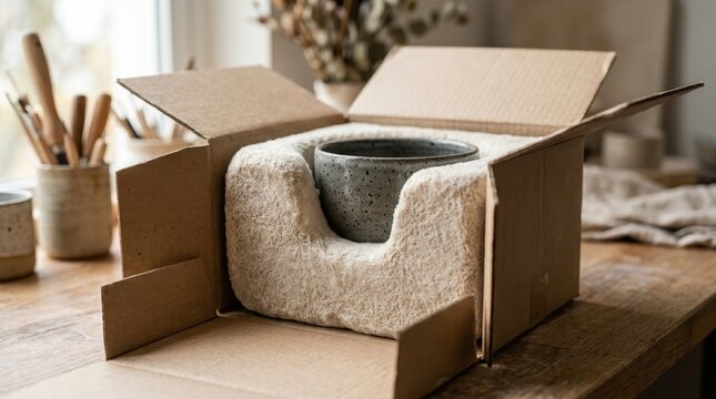 Ceramic mug packaged securely in biodegradable mycelium packaging