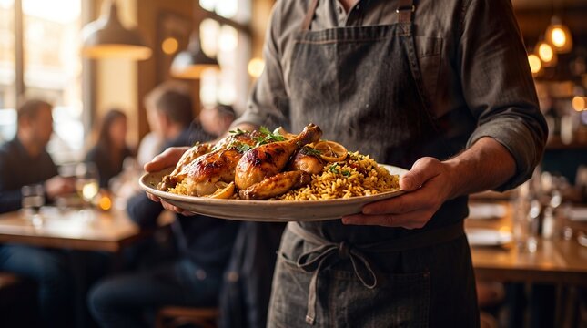 Waiter holding steaming plate of aromatic chicken mandi with yellow basmati rice in luxury restaurant.