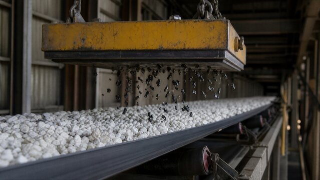 Industrial Conveyor Belt with Magnetic Separator: A heavy-duty conveyor belt transports raw materials, while a powerful magnetic separator overhead removes ferrous impurities.