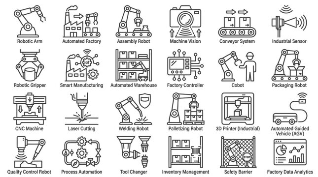 Industrial Robotics and Factory Automation Vector Icon Set for Smart Manufacturing Systems