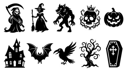Fototapeta premium Halloween icons set with spooky symbols and creatures. Vintage Gothic Halloween Silhouette set, Vector illustration