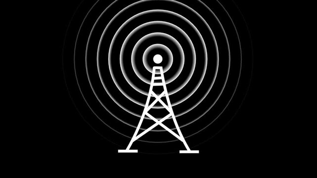 Technology wireless signal. Wave signal tower animated icon wave signal tower looping circle. Radio station signal tower icon 4k motion video with alpha channel.