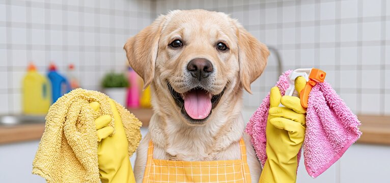 In a sunny kitchen, a joyful dog dressed in an apron holds cleaning supplies, embodying playful home assistance.