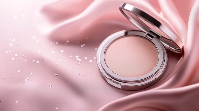 Luxury makeup powder compact on soft pink silk fabric with sparkling glitter