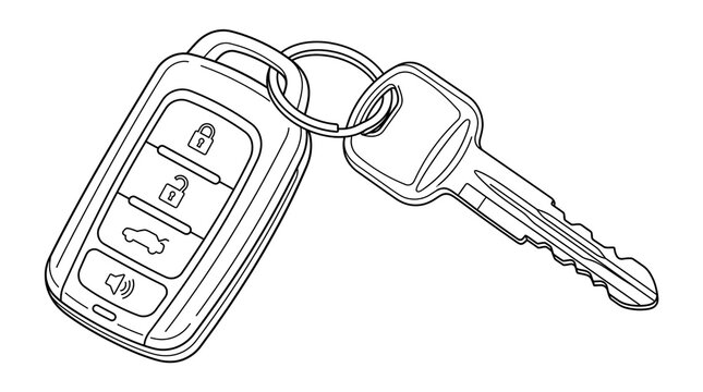 Minimalist car key line art, modern vehicle remote fob illustration, black and white automotive key ring sketch on white background