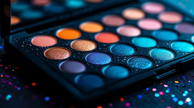Colorful eyeshadow makeup palette with shimmering glitter powder shades close up
