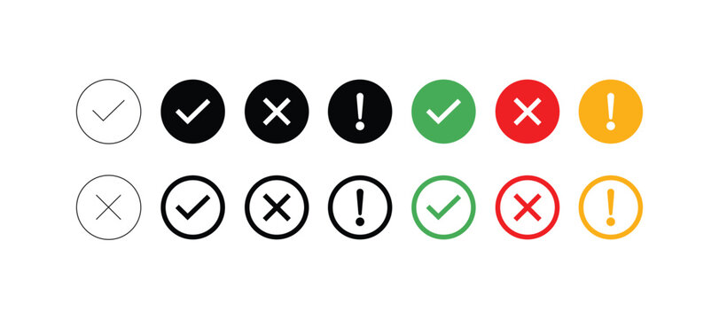 Set of check mark, cross mark and exclamation mark icons in various styles, including solid colored circles and outlined circular buttons