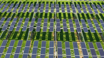 Green grass field with neatly arranged solar photovoltaic panels for renewable energy generation © zhangyang135769