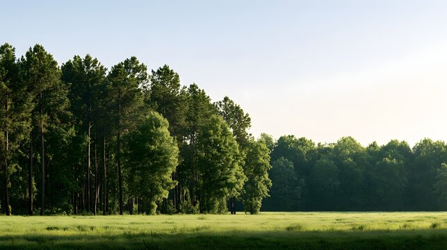 Gr&uuml;ne Wiese am dichten Waldrand in ruhiger sommerlicher Landschaft