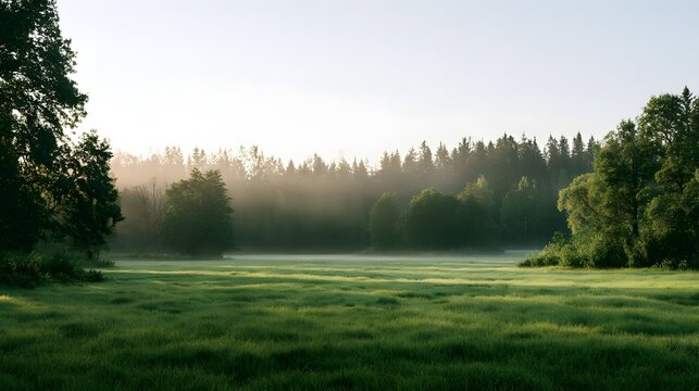 Gr&uuml;ne Wiese am Waldrand im sanften Morgenlicht mit leichtem Nebel