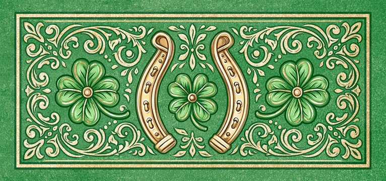 On a textured emerald background, a golden horseshoe highlights a lively Saint Patrick&rsquo;s Day greeting with intricate green designs.