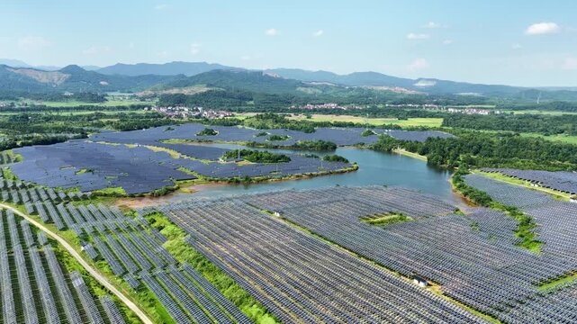 Photovoltaic power station built on water surface in green mountains and clear waters