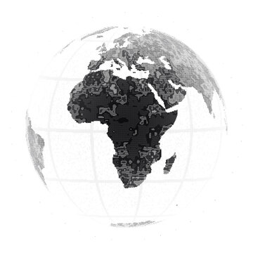 ASCII Art World Globe Centered On Africa Black And White Unicode Typographic Map Square Transparent Background
