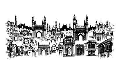 Fototapeta premium Hyderabad Old City Historical Skyline Hand Drawn Ink Vector Illustration