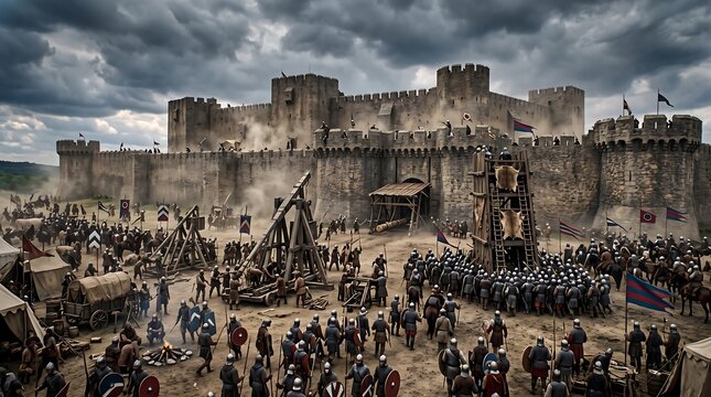 Medieval Castle Siege with Army and Trebuchet Under Dramatic Sky.