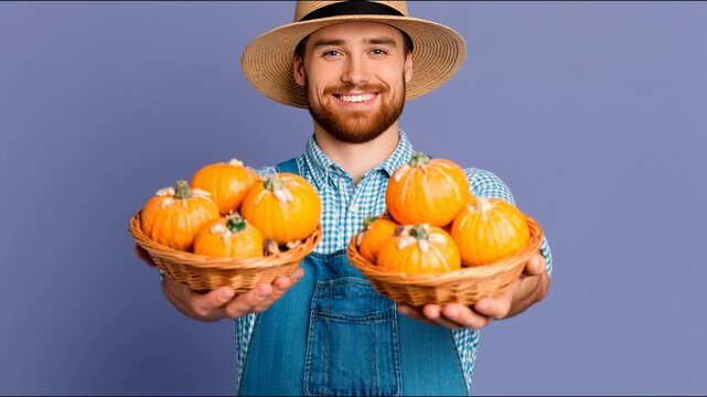A smiling farmer in a straw hat and overalls holds two baskets of small orange pumpkins against a purple background.