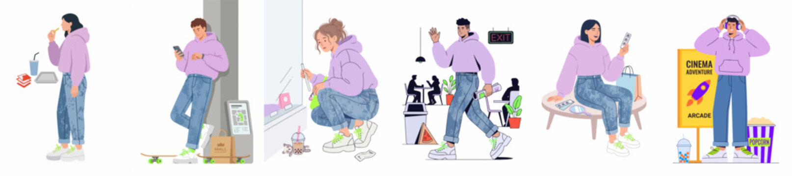 Collection of flat illustrations showing diverse characters in purple hoodies performing various daily life activities from morning routines to evening entertainment.