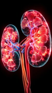 A 3D medical illustration of human kidneys with glowing red and blue internal structures against a dark background.