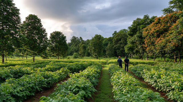 Growers Inspecting a Living Orchard Windbreak