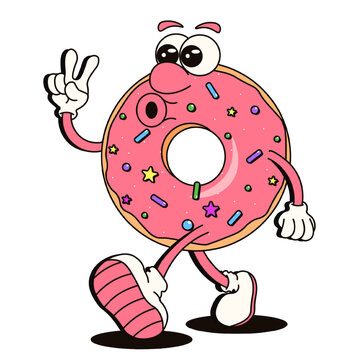Perfect Donut vector Character. Sweet Donut with pink glaze emotion face hands and legs  isolated transparent background. Template design for sweetshop poster menu cover print. EPS 10