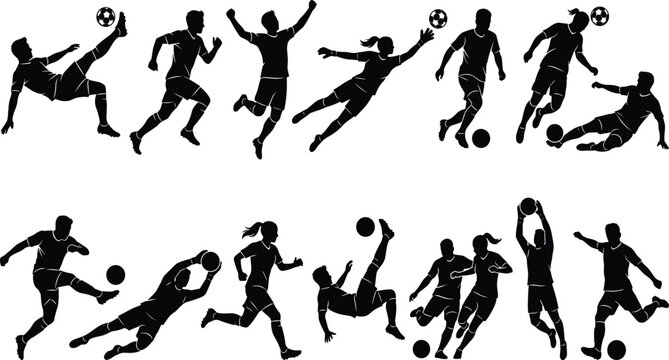 Soccer Player Silhouette Collection Featuring Male and Female Athletes in Action Kicking Diving Celebrating and Dribbling for Sports Infographics Championship Posters and Graphics
