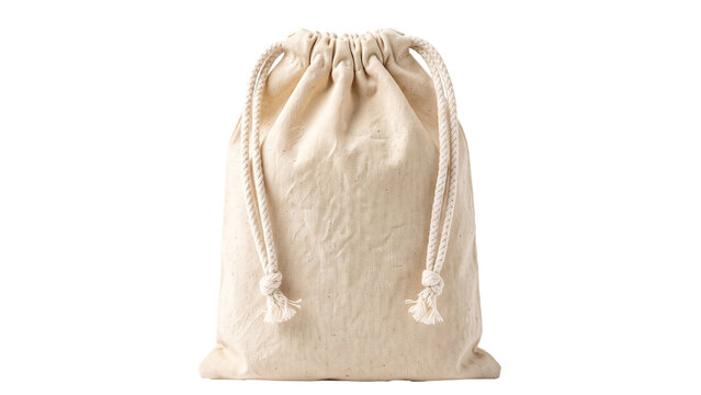 Beige Drawstring Cotton Bag Isolated PNG on Transparent Background, Small Pouch for Jewelry, Gifts and Party Favors