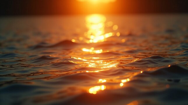 Sunset reflection on the water surface with golden shimmers and wave texture. Sparkling sun glimmers on sea waves in the sunset light.