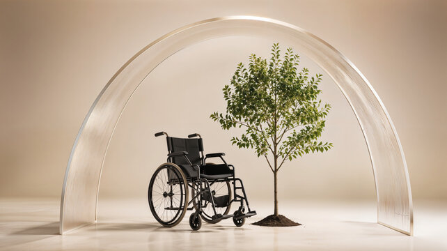An empty wheelchair stands beside a small potted tree beneath a translucent arch in a bare beige studio, lit softly for a calm and symbolic composition.