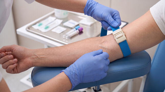 Healthcare worker tightening tourniquet on patient arm before blood draw, venipuncture preparation, laboratory blood test and medical diagnostic procedure