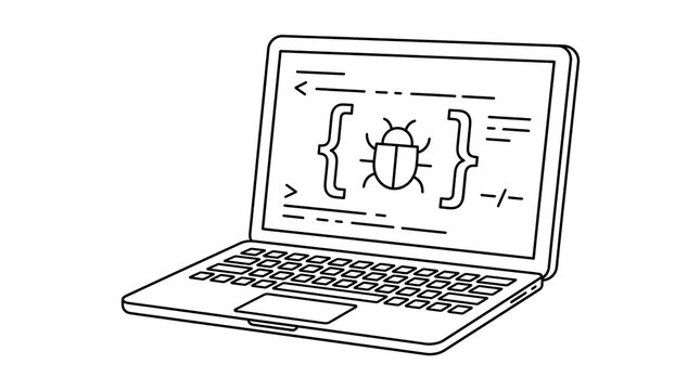 Minimalist laptop line art with software bug icon, computer coding error illustration, technical debugging concept on white background