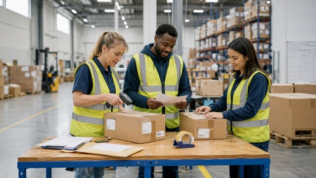 /8k/photorealistic /lifestylephoto /logistics /warehouse /supplychain /teamwork &mdash; Four logistics workers in a cosmetics returns hub collaboratively evaluating returned parcels on a clean table, one ch