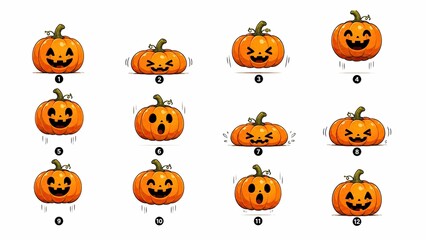 Fototapeta premium Collection of twelve hand-drawn Halloween jack-o'-lantern pumpkin expressions isolated on a white background.
