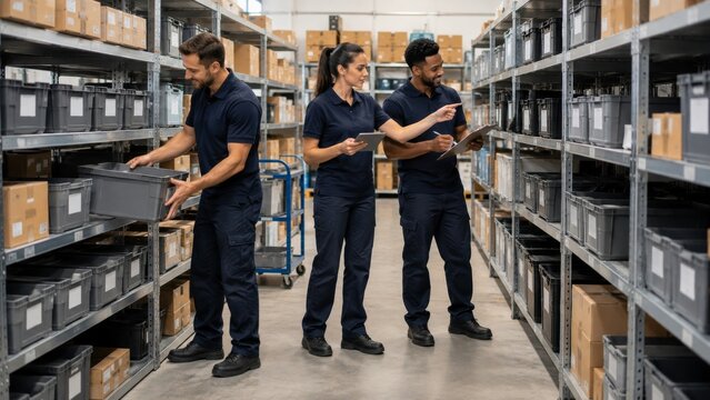/8k/photorealistic /lifestylephoto /logistics /warehouse /supplychain /teamwork &mdash; Four logistics workers in a cosmetics returns hub collaboratively evaluating returned parcels on a clean table, one ch