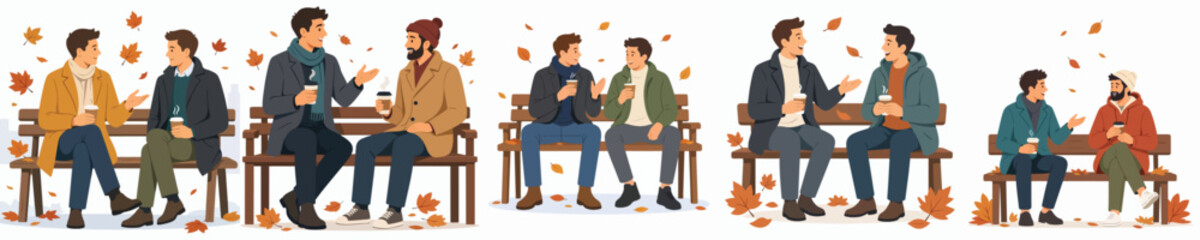Fototapeta premium Vector illustration of men sitting on a park bench, drinking hot coffee and chatting casually in autumn