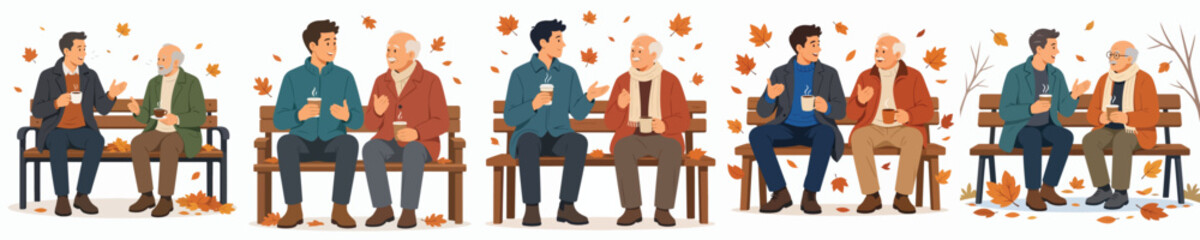Fototapeta premium Vector illustration of a man and grandpa sitting on a park bench, drinking hot coffee and chatting casually in autumn