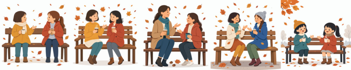 Fototapeta premium Vector illustration of a two daughters sitting on a park bench, drinking hot coffee and chatting casually in autumn