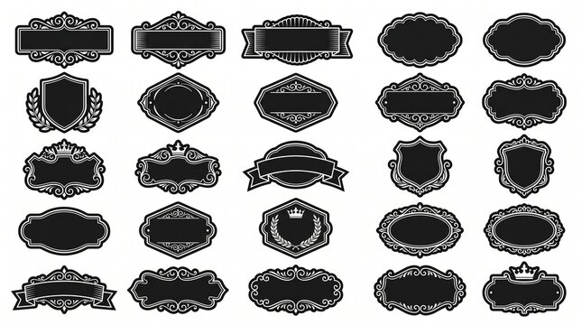 Ornate vintage labels and frames with rectangles ovals shields scrollwork flourishes symmetrical decorative vector illustration design.