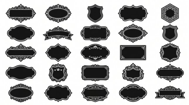 Ornate vintage labels and frames with ovals rectangles shields hexagons scrollwork flourishes decorative vector illustration design.