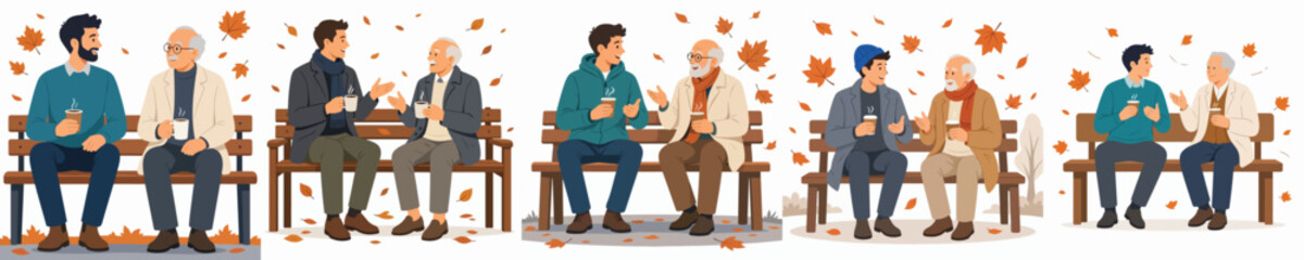 Obraz premium Vector illustration of a man and grandpa sitting on a park bench, drinking hot coffee and chatting casually in autumn