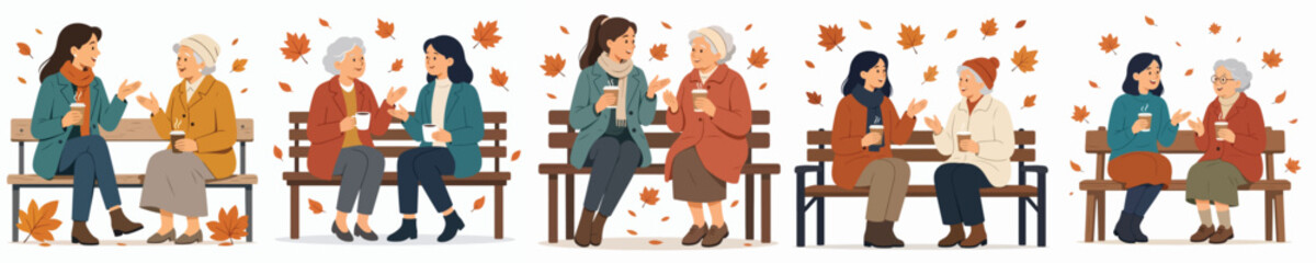 Obraz premium Vector illustration of a woman and grandma sitting on a park bench, drinking hot coffee and chatting casually in autumn