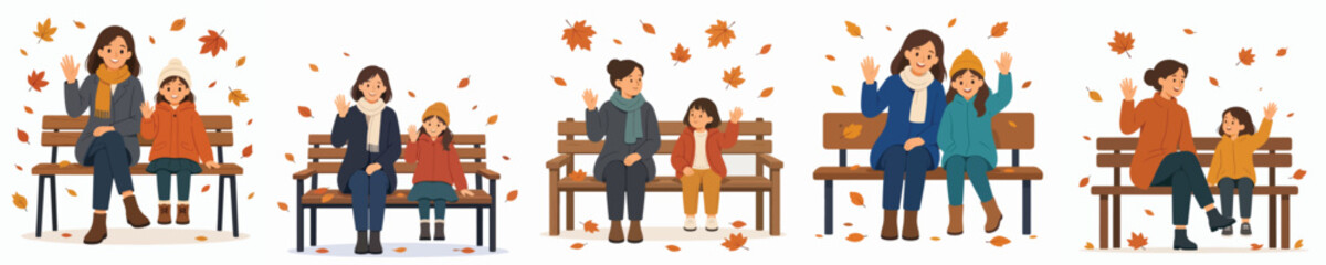 Obraz premium Vector illustration of a mother and child sitting on a park bench and waving during autumn