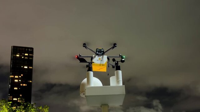 Food Delivery Drone Landing at Pickup Station on Shenzhen Waterfront Promenade &ndash;SkyPort with City Skyline in Background