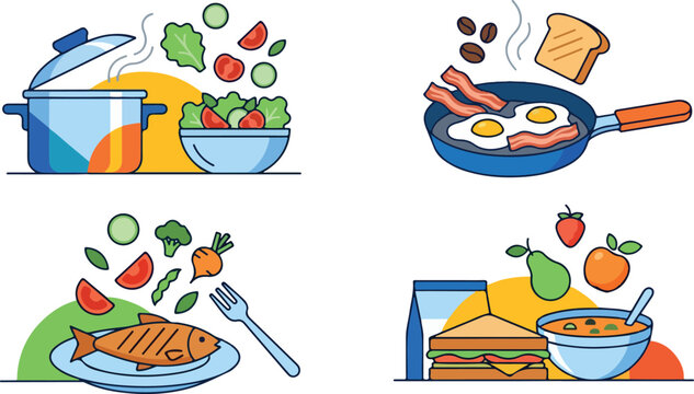 Healthy meals and daily food prep illustration set featuring breakfast lunch dinner and snacks isolated on white background