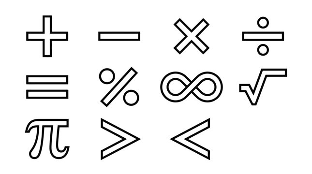 Set of black outline mathematical symbols and basic arithmetic operations on white background