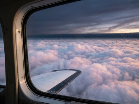 Breathtaking view from a small plane window, soaring above an endless sea of clouds bathed in twilight hues. A weathered window with rain streaks frames the serene, majestic sky.