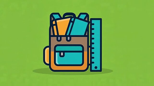 Flat vector illustration of a colorful school backpack on a solid green background.