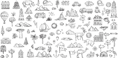 Obraz premium Hand drawn map element set. featuring mountain, tree, animal, building, and more vector icons.