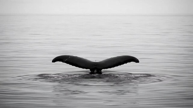 Humpback whale fluke surfacing in the calm ocean water during a dive.