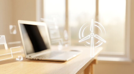 Fototapeta premium Glowing Wind Turbine Icon Floating Above Laptop Renewable Wind Energy and Sustainability Concept